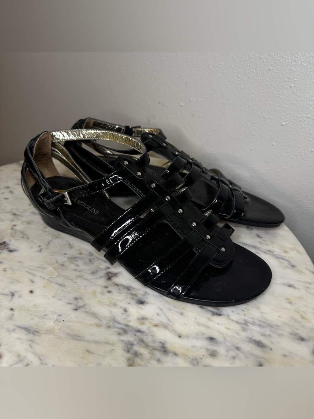 Enzo Angiolini Sandals Size 7 Black Patent Leather Shoes Wedges
